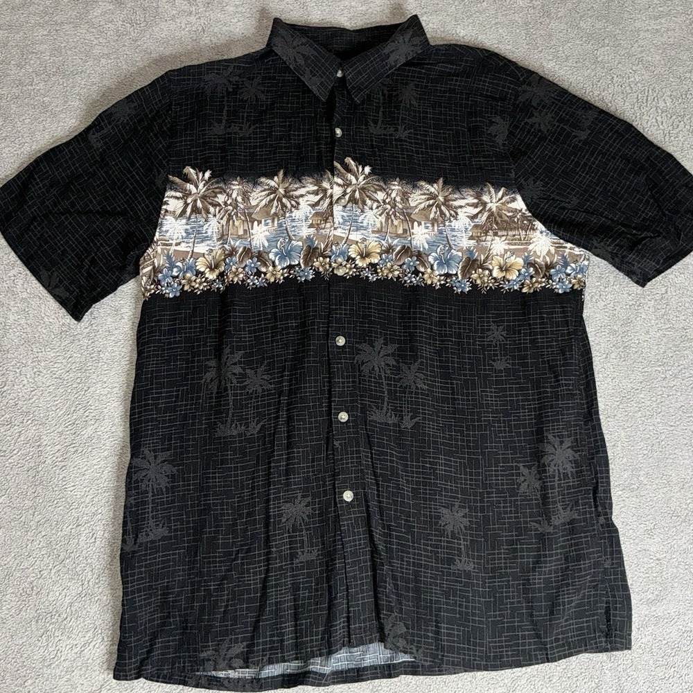 Croft & Barrow Men Button Up Shirt L Black Hawaiian Tropical Short‎ Sleeve